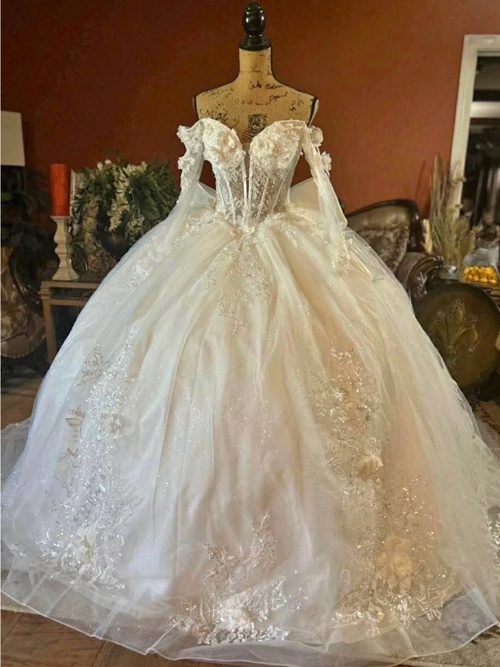 Ivory Off-Shoulder Lace Ball Gown Wedding Dress